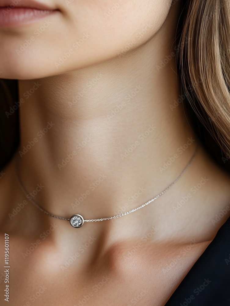 A woman wearing a silver necklace with a diamond on it A woman wearing a silver necklace with a diamond on it
