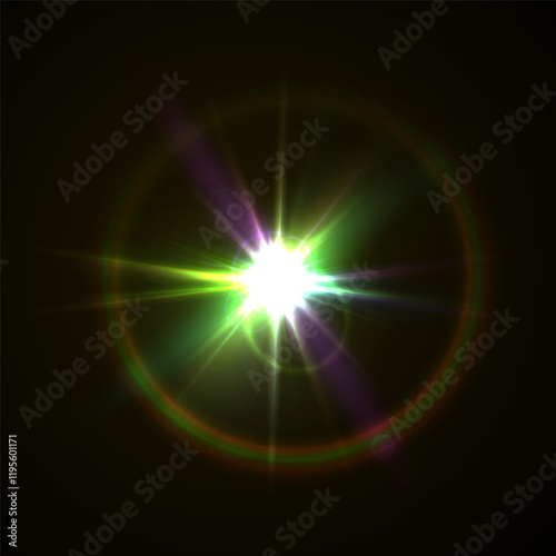 Light flare, shine flash sparkle or star glow ray or beam, realistic vector sunlight. Light glare with blur or bokeh flare effect background, shiny spark or bright starlight with lens flare effect