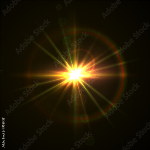 Light flare, shine flash sparkle or star glow ray or beam, realistic vector sunlight. Light glare with blur or bokeh flare effect background, shiny spark or bright starlight with lens flare effect