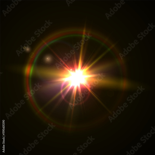 Light flare, shine flash sparkle or star glow ray or beam, realistic vector sunlight. Light glare with blur or bokeh flare effect background, shiny spark or bright starlight with lens flare effect