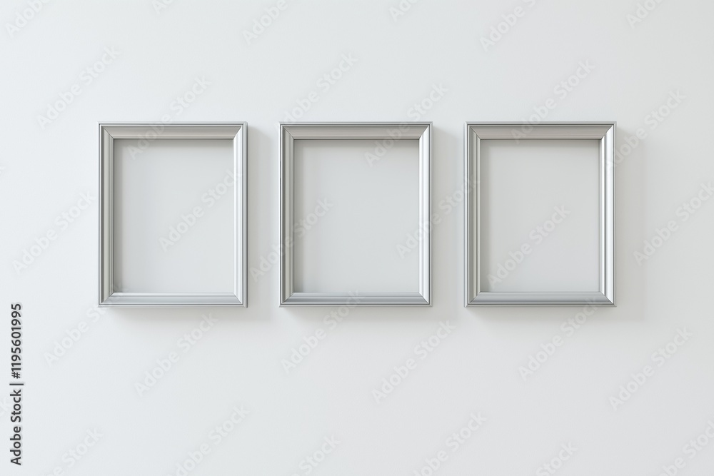 White wall displays four empty frames symmetrically, side angle. White wall displays four empty frames symmetrically, side angle.