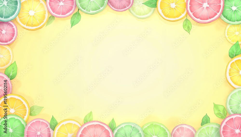 Watercolor background with citrus slices and leaves Watercolor background with citrus slices and leaves
