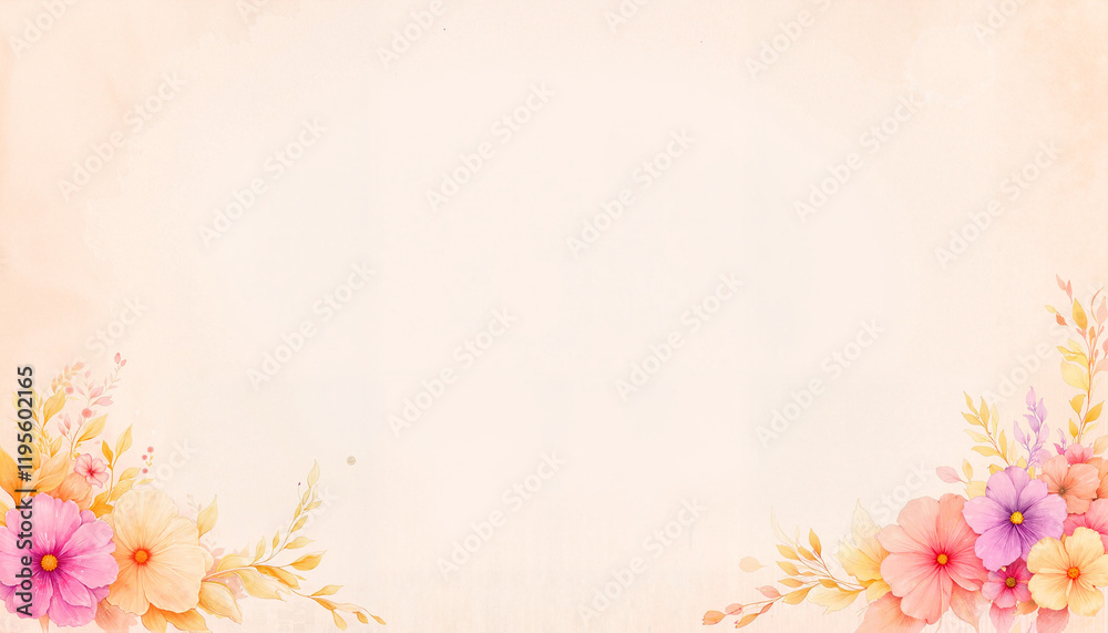 Peach watercolor background with flowers and foliage Peach watercolor background with flowers and foliage