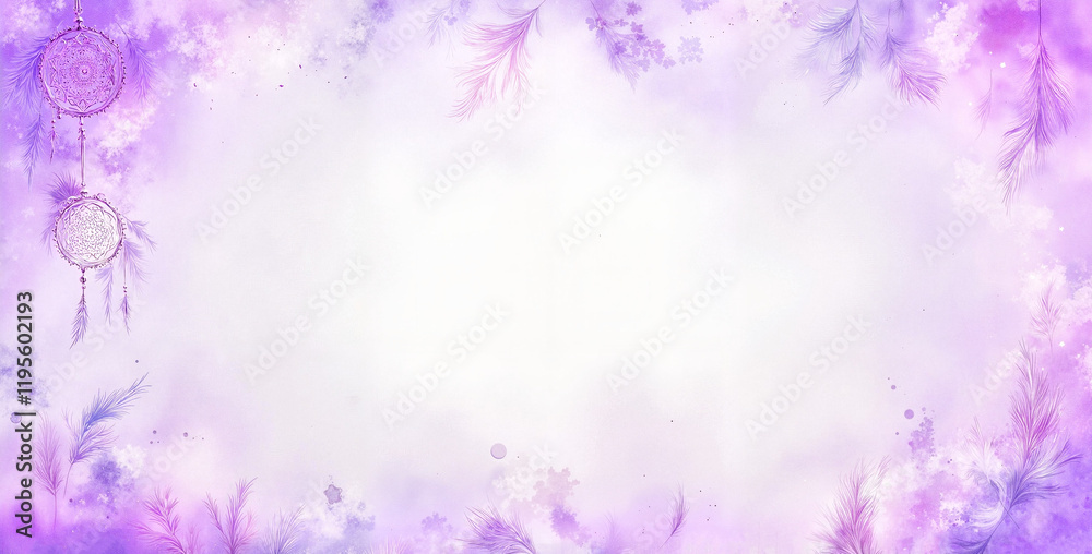 Purple watercolor background with dreamcatchers and feathers Purple watercolor background with dreamcatchers and feathers