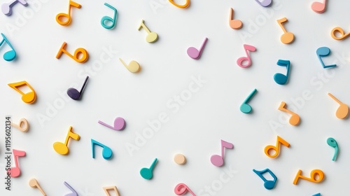 Colorful eighth notes are scattered on a white background, creating a vibrant and playful visual representation of musical concepts, offering copy space for music related projects