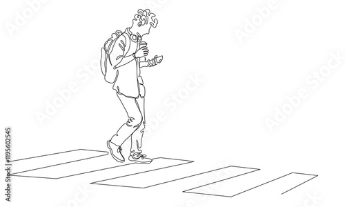 Man with backpack crossing street using pedestrian zebra crosswalk. Using phone holding drink. Continuous line drawing. Black vector in line art style