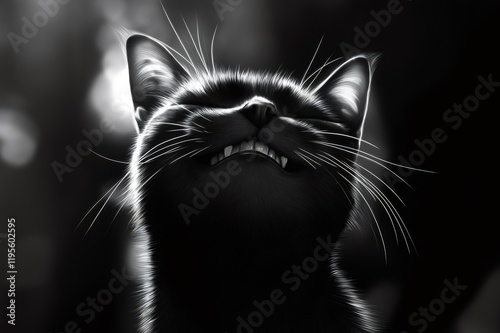 Black cat grinning mischievously with its teeth and whiskers visible in a dark background photo