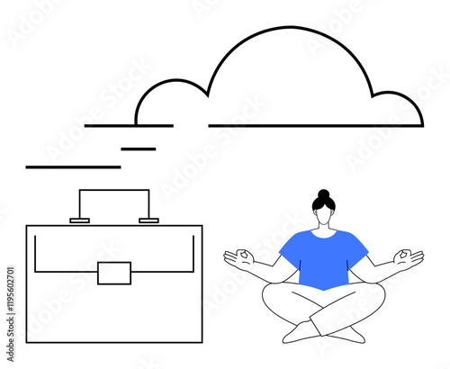 Person meditating in lotus pose under cloud beside briefcase, symbolizing work-life balance. Ideal for self-care, workplace wellness, stress management, mindfulness, productivity, balance, abstract