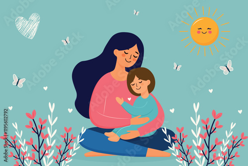 Mother and child cute hand drawn vector illustration with flowers and butterflies