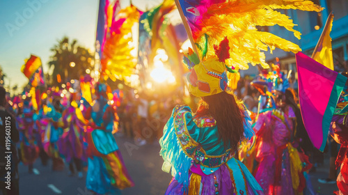 Colorful Parade Participants in Elaborate Costumes During Purim Sunset Celebration. Concept of Cultural Festivals, Vibrant Traditions. Purim photo