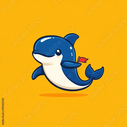 Blue dolphin with red flag swims on yellow backdrop. Use Children's graphics photo