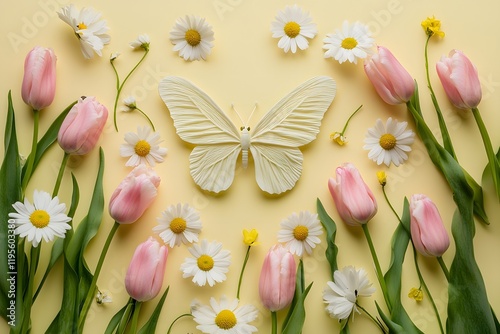 Bright and colorful arrangement of tulips, daisies, and a butterfly on a yellow background