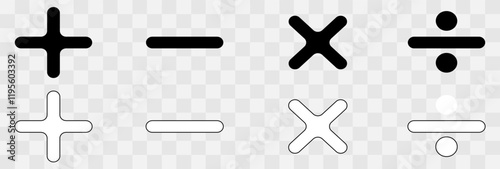 mathematical icon. math calculations addition, division, subtraction, multiplication, plus minus button symbol set. mathematical calculator education vector. Vector pictogram. symbols icon set, eps10