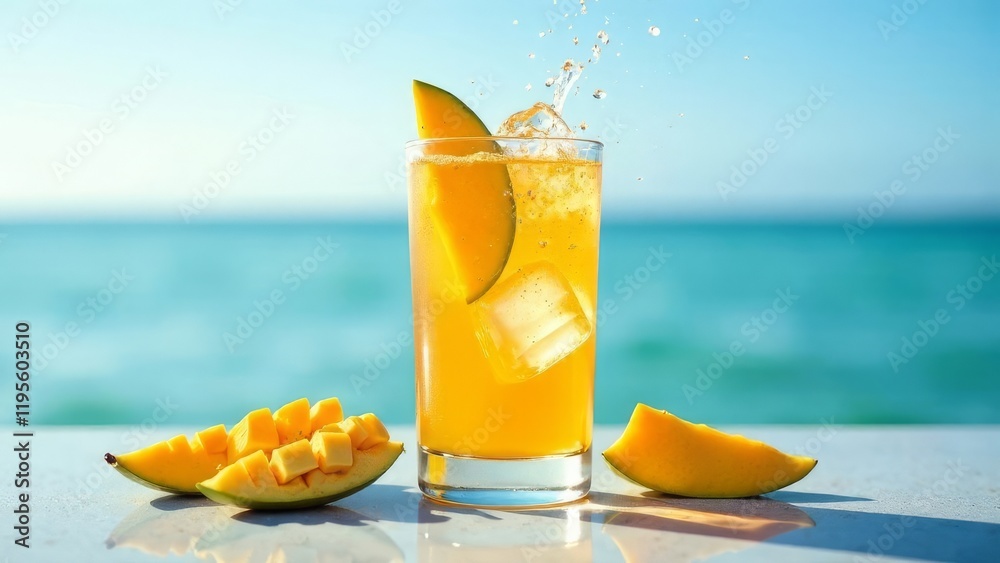 Obraz premium Refreshing summer drink in a glass with ice cubes, mango and passion fruit