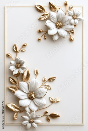 Elegant white and gold flowers, 3D render, blank background, home decor