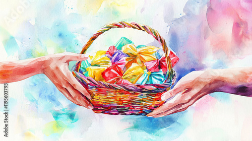 Watercolor Art of Hands Exchanging Colorful Gift Basket for Purim Celebration. Concept of Cultural Traditions, Festive Giving