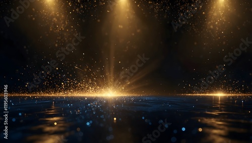 A dark, moody background with bright golden spotlights and sparkling dust. The light appears to be reflecting on a polished floor below.