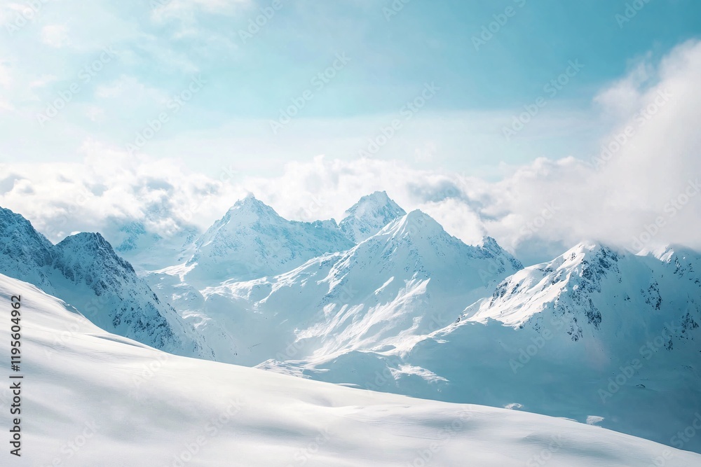 Obraz premium Snowy mountain peaks rising above the clouds in winter wonderland