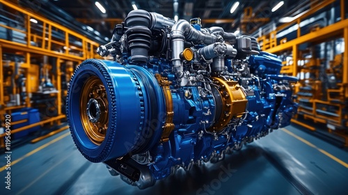 Powerful industrial engine in a factory setting.