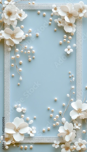 Elegant floral frame, pearl accents, pastel blue background, wedding invitation design