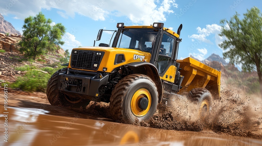 Powerful yellow farm tractor splashing through mud.