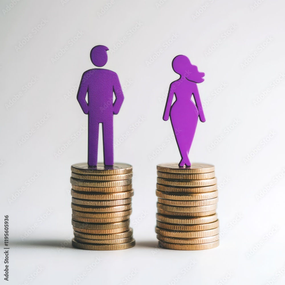 Gender pay gap illustrated through symbolic figures standing on stacks of coins representing financial inequality