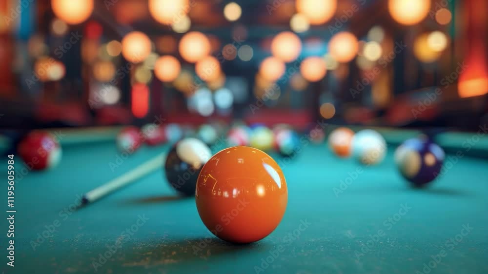 Video with a game of billiards in a cozy environment with soft lighting. Ideal for promoting entertainment venues, sporting events, beverage advertising.
