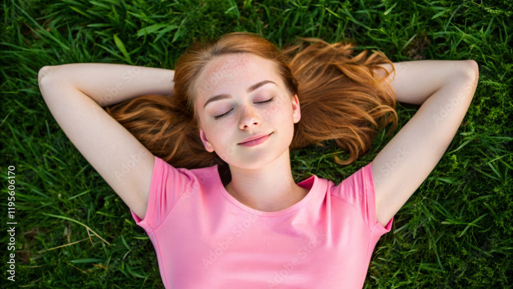 Relaxing young woman in a meadow high angle close-up view nature scene green environment Relaxing young woman in a meadow high angle close-up view nature scene green environment