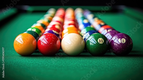 Racked billiard balls on a pool table. photo