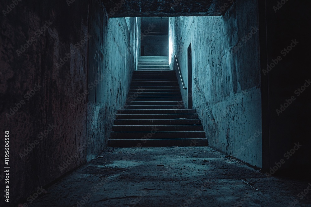 Obraz premium Dark concrete stairway leading to light in abandoned building