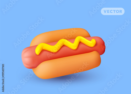 Vector illustration of roast sausage in bun with shadow. 3d style cartoon design of realistic hot dog with mustard sauce on blue color background. Street meat fast food