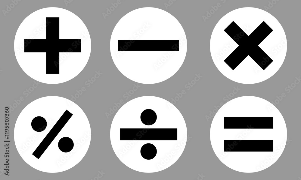 Obraz premium mathematical icon. math calculations addition, division, subtraction, multiplication, plus minus button symbol set. mathematical calculator education vector. Vector pictogram. symbols icon set, eps10