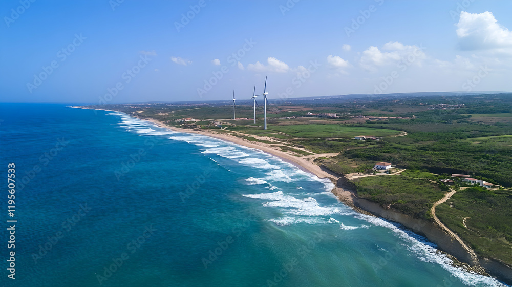 Naklejka premium Aerial view of oceanic wind turbines under a sunlit sky with gentle waves, highlighting sustainable energy.