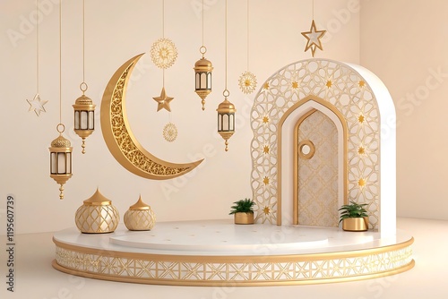 Islamic architecture, ornate arched doorway, golden crescent moon, hanging lanterns,