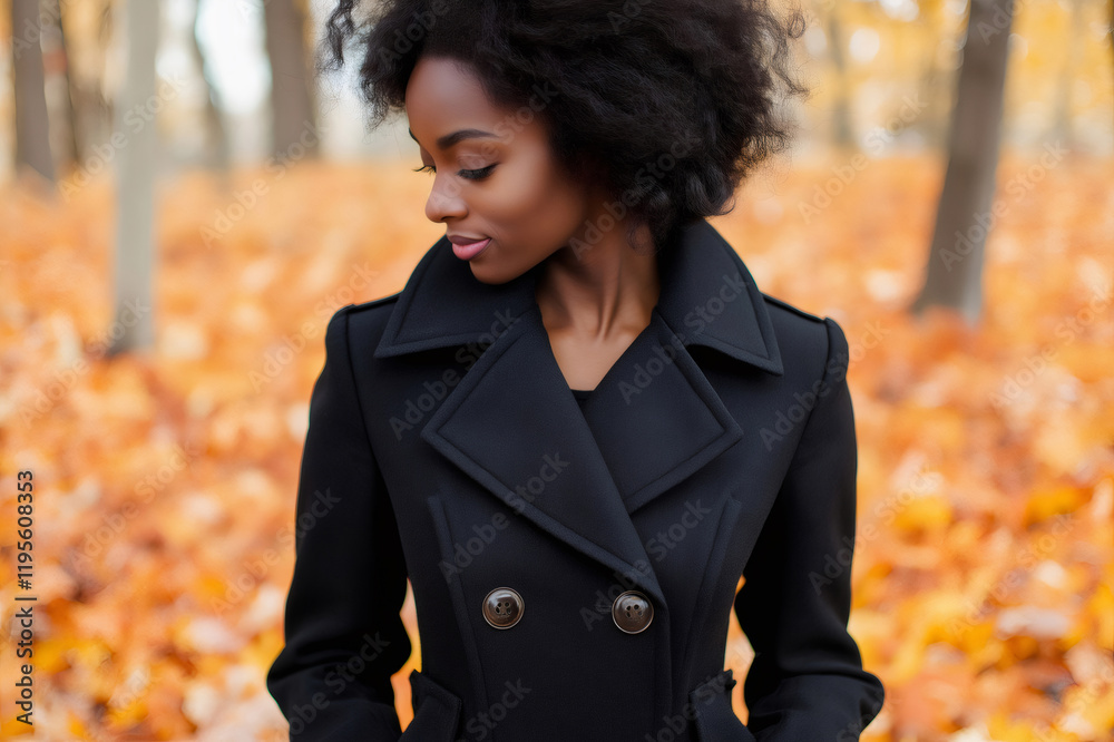 Confident model posing in a park during a photoshoot wearing a black coat during fall season Confident model posing in a park during a photoshoot wearing a black coat during fall season