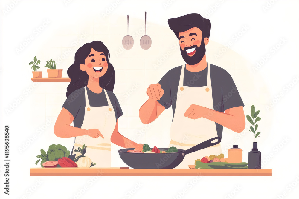 Cheerful man and woman wearing aprons are preparing healthy meal together in a wok and laughing, illustration Cheerful man and woman wearing aprons are preparing healthy meal together in a wok and laughing, illustration