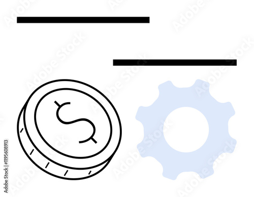 Coin with dollar sign next to a gear wheel under two horizontal lines. Ideal for finance, business development, economic growth, investment strategies, operational efficiency, financial management