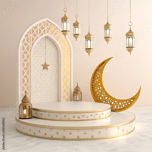 Islamic architecture, ornate arched doorway, golden crescent moon, hanging lanterns,
