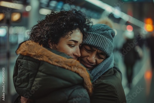 A couple shares a heartfelt embrace at the airport, their faces showing happiness and relief as they reunite