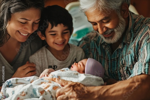 Happy family admiring newborn baby wrapped in blanket, lying in grandfather's arms in hospital room photo