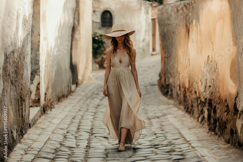 Young stylish woman walking in old European town wearing elegant dress and wide brimmed straw hat photo