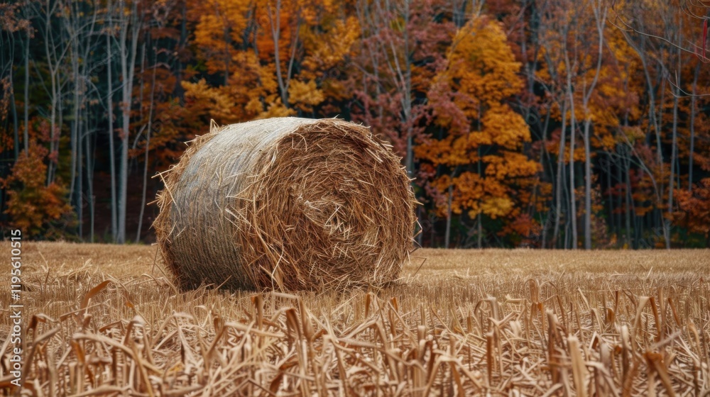 Round bale of hay in a vibrant autumn field with colorful trees Round bale of hay in a vibrant autumn field with colorful trees