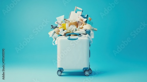 A plastic suitcase with wheels, packed with items spilling out, on a blue background photo