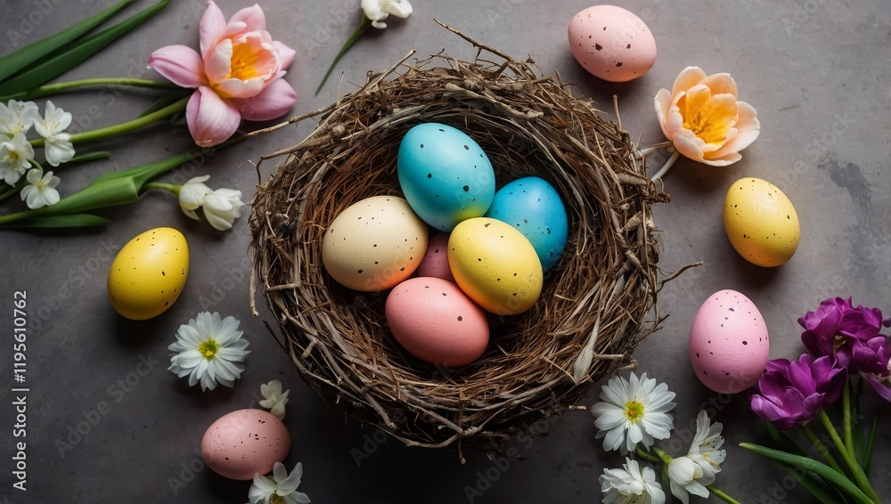 Obraz premium Happy Easter concept with eggs in nest and spring flowers. Easter background with copy space. Flat lay