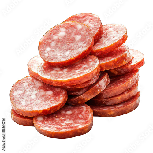 Pile of slice of Sausage pieces isolated on transparent background photo