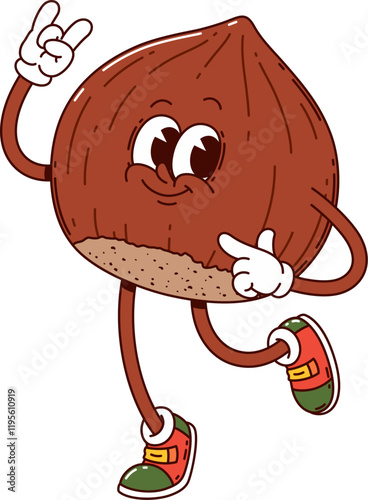 Cartoon groovy hazelnut nut character in retro sneakers joyfully dancing, showcasing funky and upbeat y2k vibe. Isolated vector playful food personage spreading happiness and hippie energy