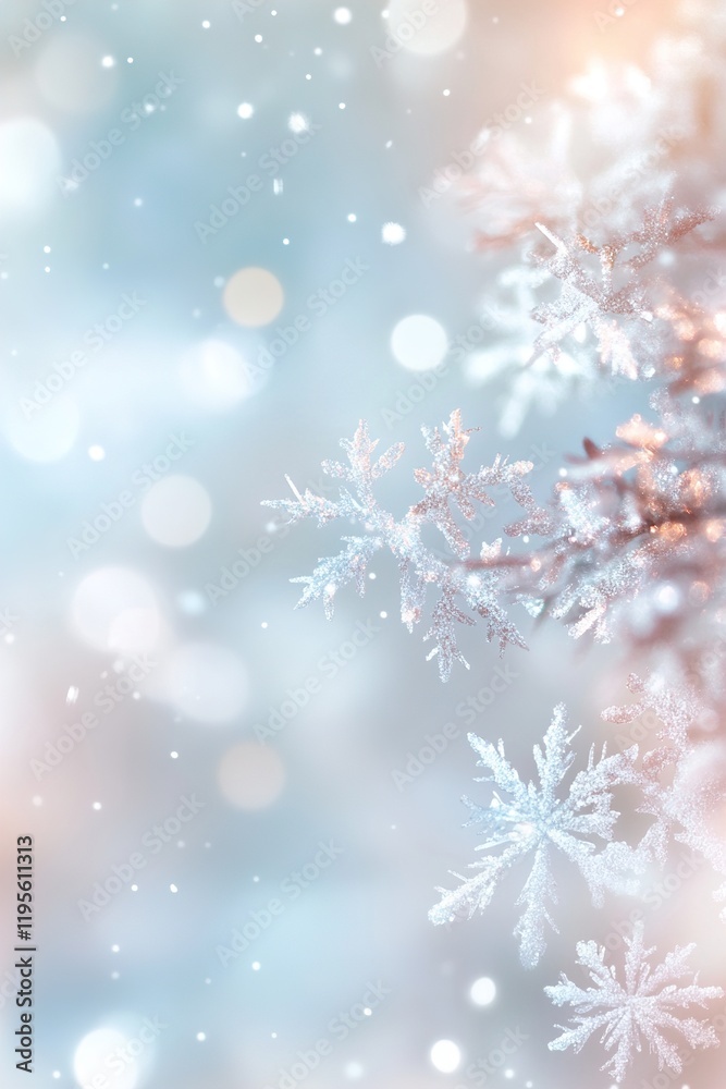 This elegant background features a frosted glass effect, scattered snowflakes, and soft light reflections. Set against a light pastel backdrop, it provides ample blank space for creative text overlay This elegant background features a frosted glass effect, scattered snowflakes, and soft light reflections. Set against a light pastel backdrop, it provides ample blank space for creative text overlay