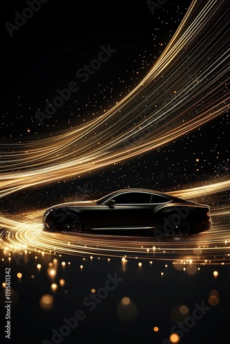 A sleek luxury car silhouette appears dramatically against a dark backdrop, surrounded by dynamic gold and silver light trails