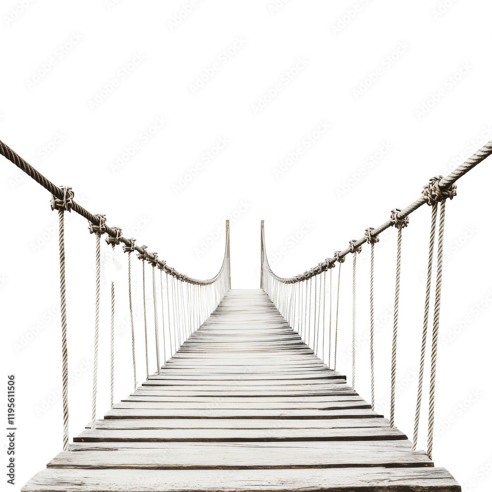 Obraz premium A weathered wooden suspension bridge hangs precariously over a dark abyss, inviting adventurous exploration.
