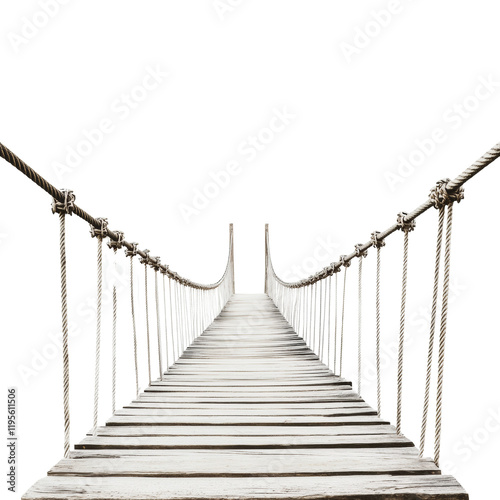A weathered wooden suspension bridge hangs precariously over a dark abyss, inviting adventurous exploration.
